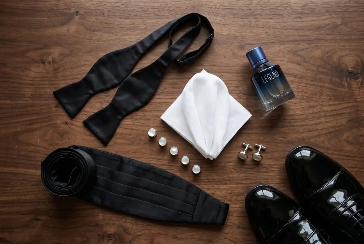 Abiball-Outfit: Smoking-Accessoires mit Fliege, Manschettenknöpfen und Lack-Schuhen
