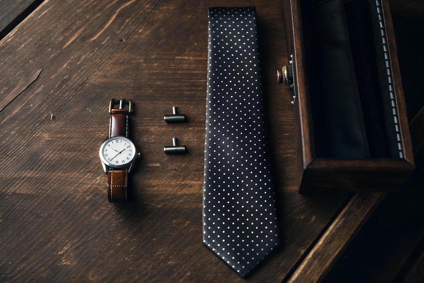Herren-Accessoires: Seidenkrawatten, Manschettenknöpfe und Ledergürtel