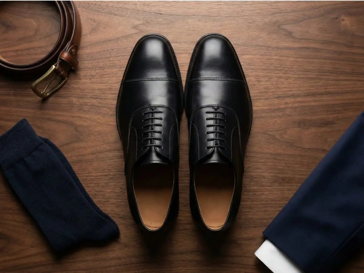 Flat-Lay: Lederschuhe, Seidenkrawatte, Einstecktuch und Manschettenknöpfe